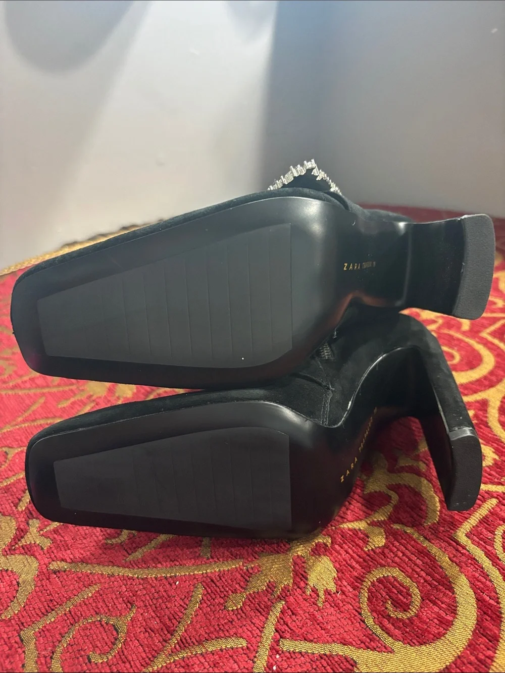 Zara Black Suede Ankle Boots with Crystal Buckle